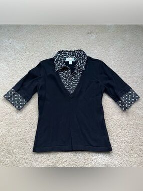 Talbots Black Elbow Sleeve Sweater w/ Contrast Collar & Cuffs - S Petite - EUC